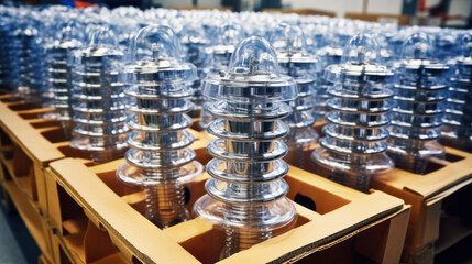 Electrical insulators ready for sale or delivery to the buyer - obrazy, fototapety, plakaty