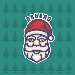 Funny Santa Claus Face Cartoon Character Illustration With Pine Trees On The Background