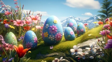 Visualize vibrant Easter eggs artistically adorned with flowers, nestled in the lush green grass, creating a picturesque spring scene that's captured in high definition. - obrazy, fototapety, plakaty