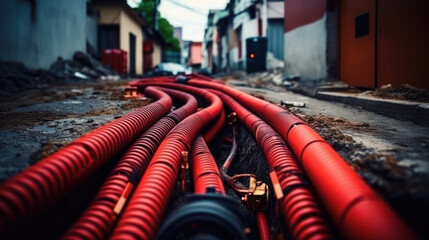 Large number of electric and high-speed Internet Network cables in red corrugated pipe on the street covered with cobblestones. - obrazy, fototapety, plakaty