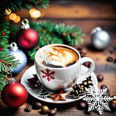 Coffee cup with Christmas ornaments and decoration on table with kitchen blurred background