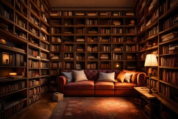 A cozy reading nook surrounded by shelves of books and warm ambient lighting