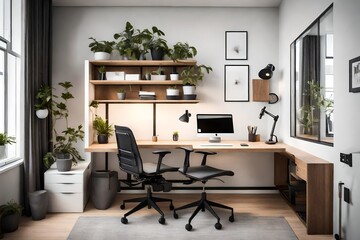 A contemporary workspace with a floating desk and adjustable ergonomic chair