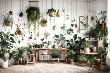 A botanical corner with hanging plants, botanical prints, and natural textures