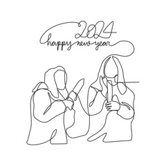 One continuous line drawing of People are having fun throwing parties to welcome the new year 2024 vector illustration. New year party illustration simple linear style vector concept. new year party.