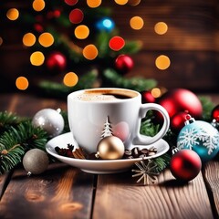 Coffee cup with Christmas ornaments and decoration on table with kitchen blurred background