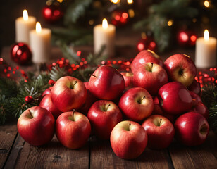 The red Christmas apples are lying on the table.