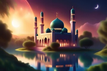 A mosque with a cinematic and dreamy ambiance. Prioritize detail, allowing it to reign supreme in this portrayal. - obrazy, fototapety, plakaty