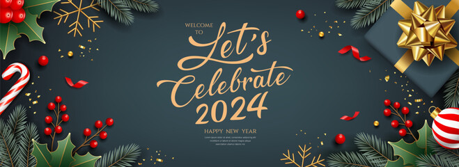 2024 Let's celebrate Merry christmas and Happy new year, banner greeting card design on dark gray background, Eps 10 vector illustration
 - obrazy, fototapety, plakaty