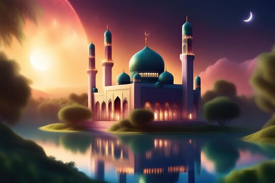 A mosque with a cinematic and dreamy ambiance. Prioritize detail, allowing it to reign supreme in this portrayal.