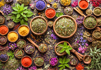 Holistic therapy and treatment with alternative medicine herbs and plants, carefully selected and combined. Top view angle. Health & Wellness. Alternative medicine.