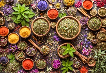 Poster Holistic therapy and treatment with alternative medicine herbs and plants, carefully selected and combined. Top view angle. Health & Wellness. Alternative medicine. © Jounn