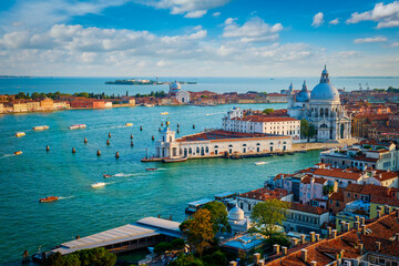 View of Venice lagoon and Santa Maria della Salute church on summer day. Venice, Italy - 689426245