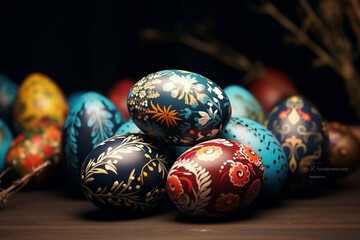 Beautiful painted easter eggs with copy space. Generative AI