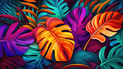 Tropical Euphoria. Desktop wallpaper background illustration with euphoric tropical leaf, joyful 