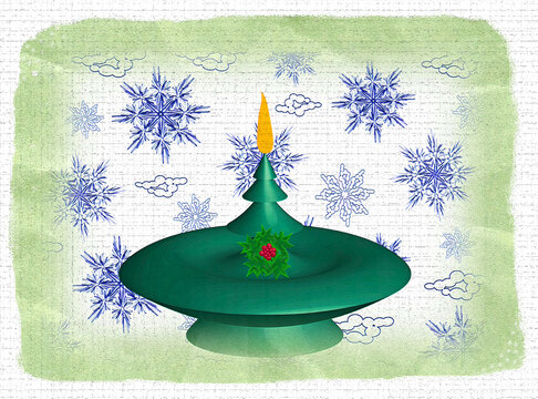 Vintage illustration with Christmas theme. Creative image of a burning candlestick in the color of Archangel Raphael emerald green on old paper with a textured background.