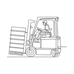One continuous line drawing of a forklift with its operator is lifting boxes of goods at the project site vector illustration. Construction Project design concept with simple linear style. 