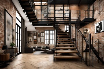 An urban loft hall featuring industrial elements and a contemporary staircase, creating an eclectic and trendy atmosphere. - obrazy, fototapety, plakaty