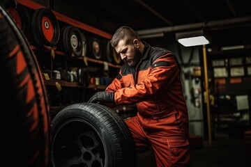Fototapeta na wymiar tire at repairing service garage background. Technician man replacing winter and summer tire for safety road trip.
