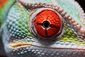Inquisitive gaze. Eyes of a curious chameleon close up, adaptive 
