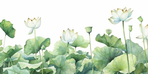 Panoramic Lotus Splendor, Soft Watercolor Botanical Illustration

