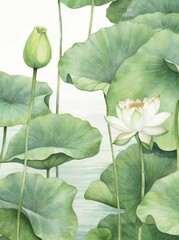 Tranquil Lotus Leaf Harmony, Soft Watercolor Nature Scene

