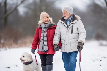 Senior merried couple in warm winter coats and hats walking a dog on a leash. Cozy winter scene