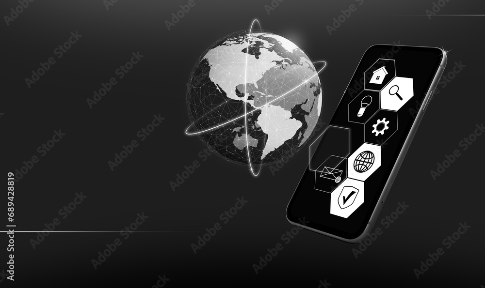 Poster global network, banner design. smartphone with different icons on black background. digital image of