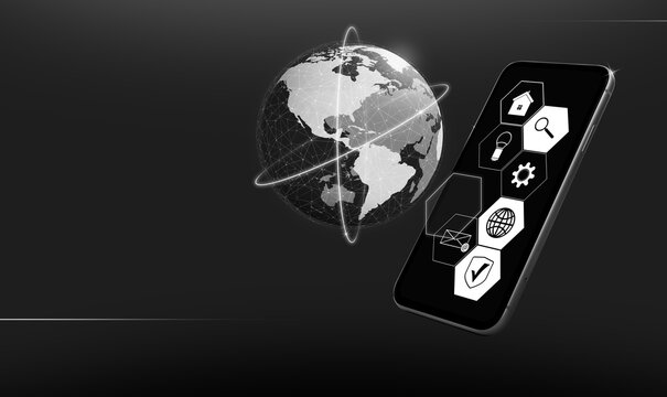 Global network, banner design. Smartphone with different icons on black background. Digital image of Earth with connection lines