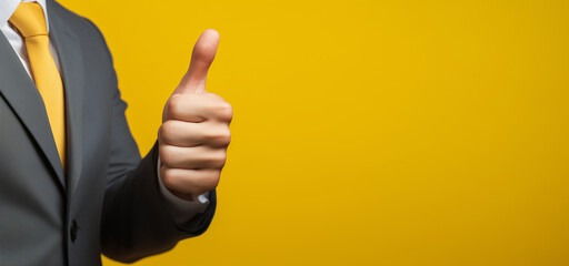 Businessman hand thumb up from yellow punched paper for client the best satisfaction evaluation survey after use product and service concept - obrazy, fototapety, plakaty