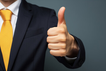 Businessman hand thumb up from yellow punched paper for client the best satisfaction evaluation survey after use product and service concept