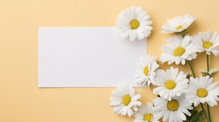 Soothing chamomile and greeting card in a minimalist composition, copy space
