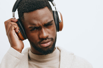 posing man american afro music background fashion dj guy portrait headphones african black