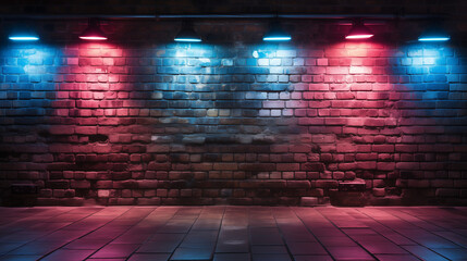 A hallway with a brick wall lit up by colorful neon lights. Generative AI. 