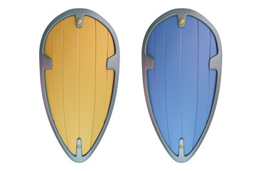 3D render of two warrior shields in yellow and blue