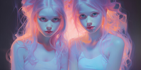 Fototapeta premium Glowing twin girls, teenagers, Asians, cute, bright, lively, under beautiful pastel colors.
