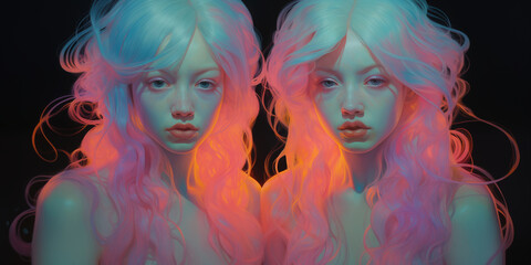 Glowing twin girls, teenagers, Asians, cute, bright, lively, under beautiful pastel colors.