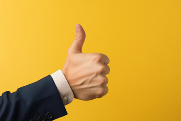 Businessman hand thumb up from yellow punched paper for client the best satisfaction evaluation survey after use product and service concept, yellow background