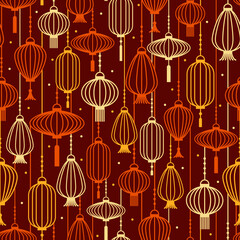 Paper lanterns outline silhouette in warm colors pattern. Vector seamless pattern design for textile, fashion, paper and wrapping. 