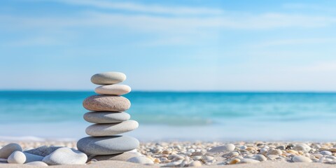 Fototapeta na wymiar stack of stones on beach AI Generated