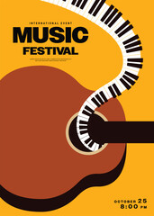 Music festival poster template design background with piano and guitar vintage retro style