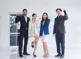 Portrait business team woman pretty girl cute and man handsome smart Asian group standing look successful to plan project with in agreement ready for happiness working online sale inside home office