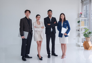 Portrait business team woman and man Asian group meeting standting on wall wtite looking hand holding laptop and notebook ready for happy working online sale inside home office wall white background