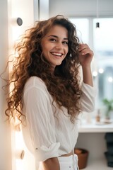 woman in a white bathroom, smiling, gen Z clothing, spa moment, beautiful long curly brown hair,...