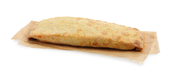Delicious strudel with tasty filling isolated on white
