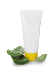 Tube of natural cream and cut aloe leaf isolated on white