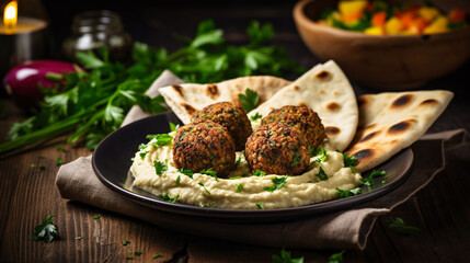 Crispy falafel accompanied by creamy hummus. Presentation on a ceramic plate with fresh vegetables and pita bread.