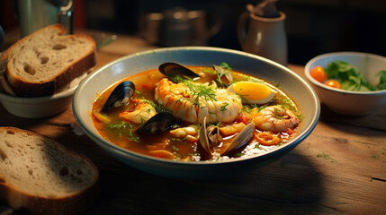 Bouillabaisse dish, with a variety of seafood, fish and vegetables in a seasoned broth. Served in a boll with a garnish of rustic bread