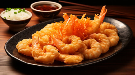 Shrimp and vegetable tempura, served on a traditional Japanese plate. Includes a small bowl of tempura sauce in the composition. The background is a Japanese style table