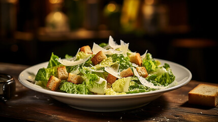 plate of Caesar salad with cheese on a white plate on wooden table - obrazy, fototapety, plakaty